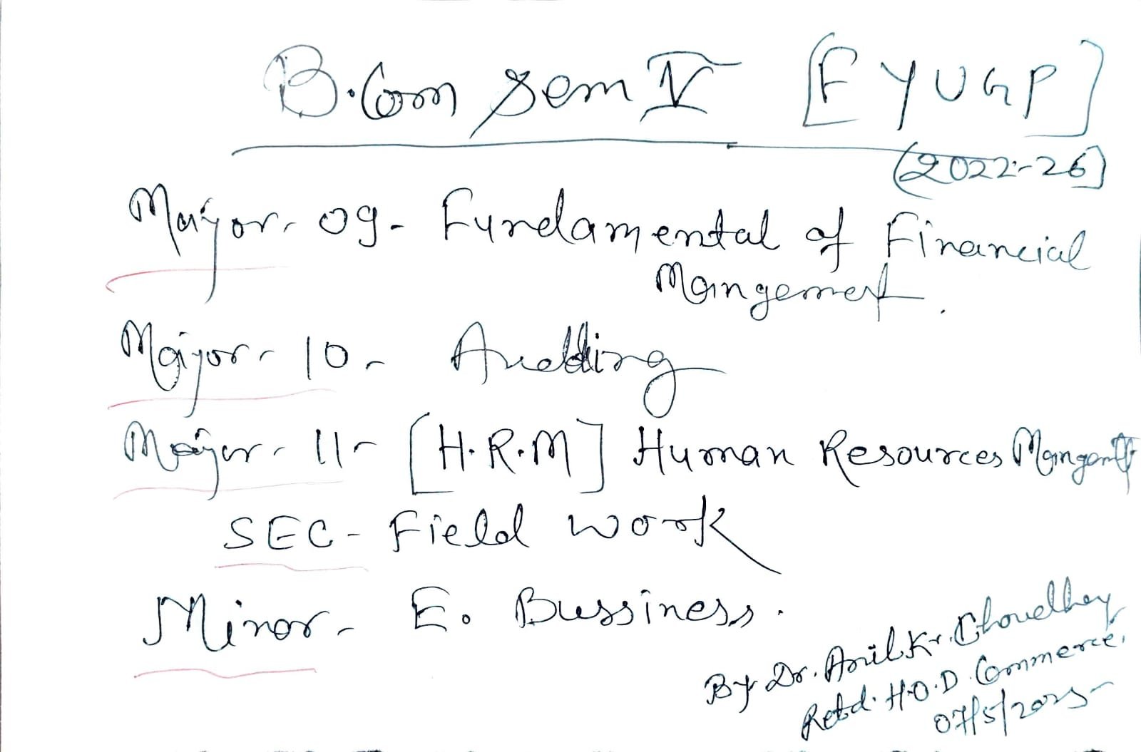 FYUGP Sem-V Subject Details Notice