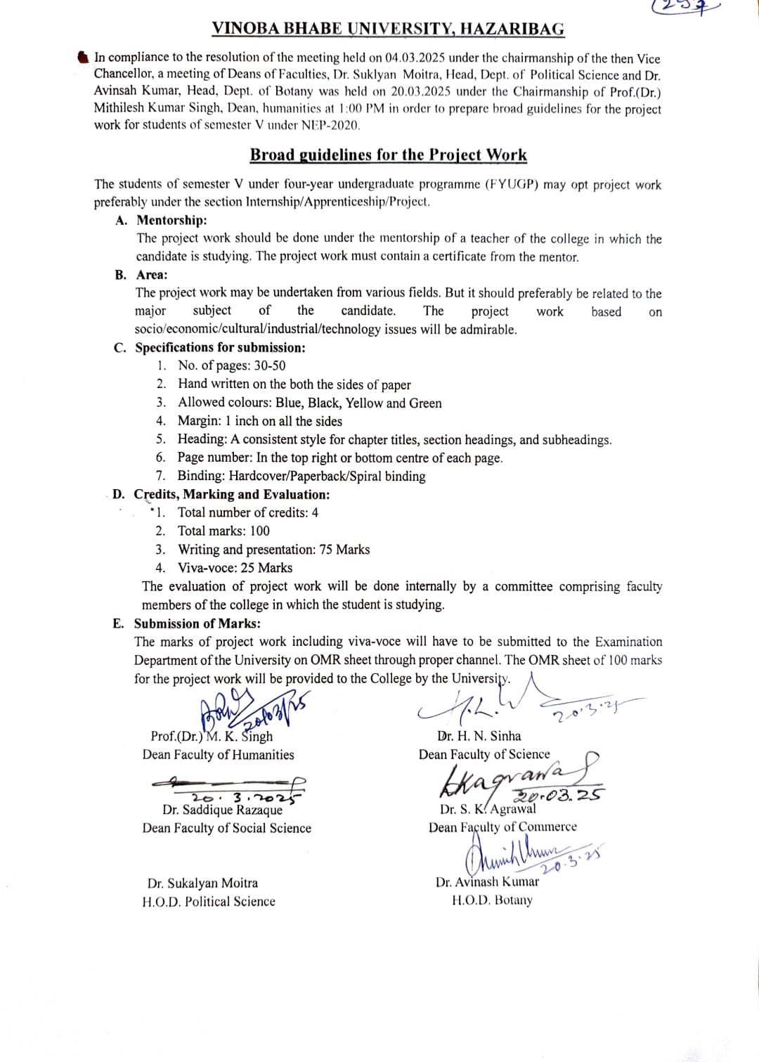 Project Work for Students of Sem-V Under NEP-2020