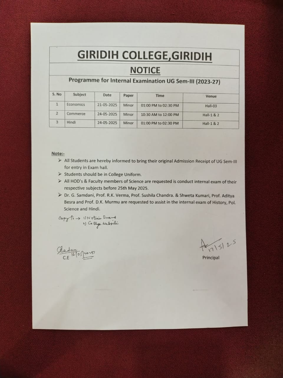 Programme for Internal Examination UG Sem-III (2023-27)