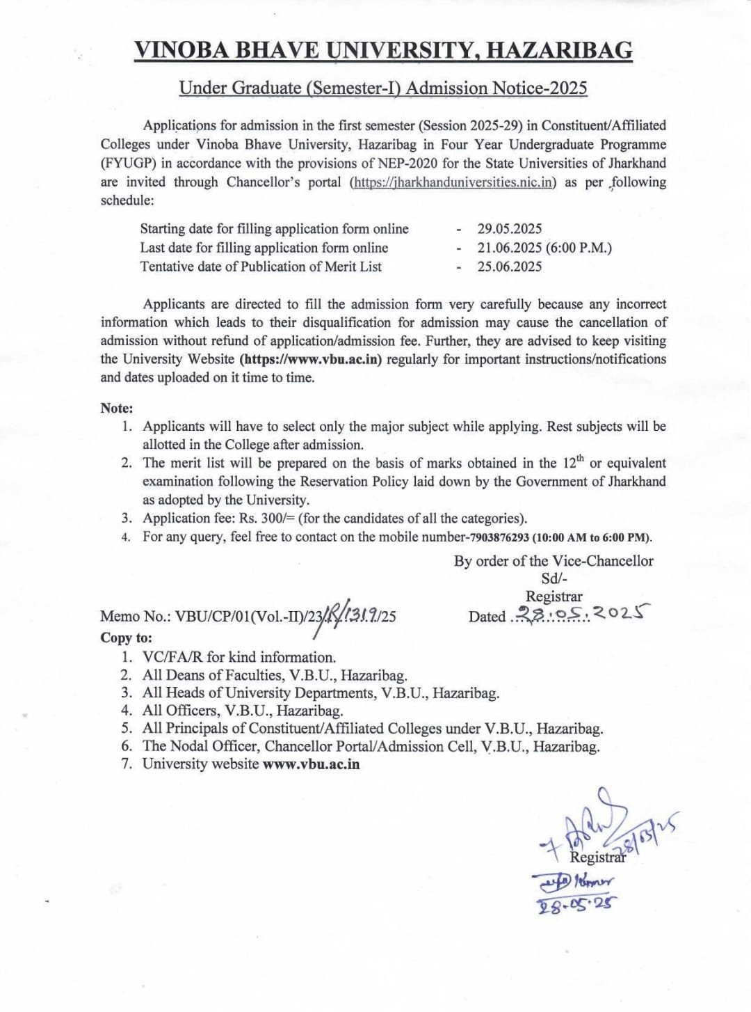 FYUGP Sem-I (2025-29) Admission Notice