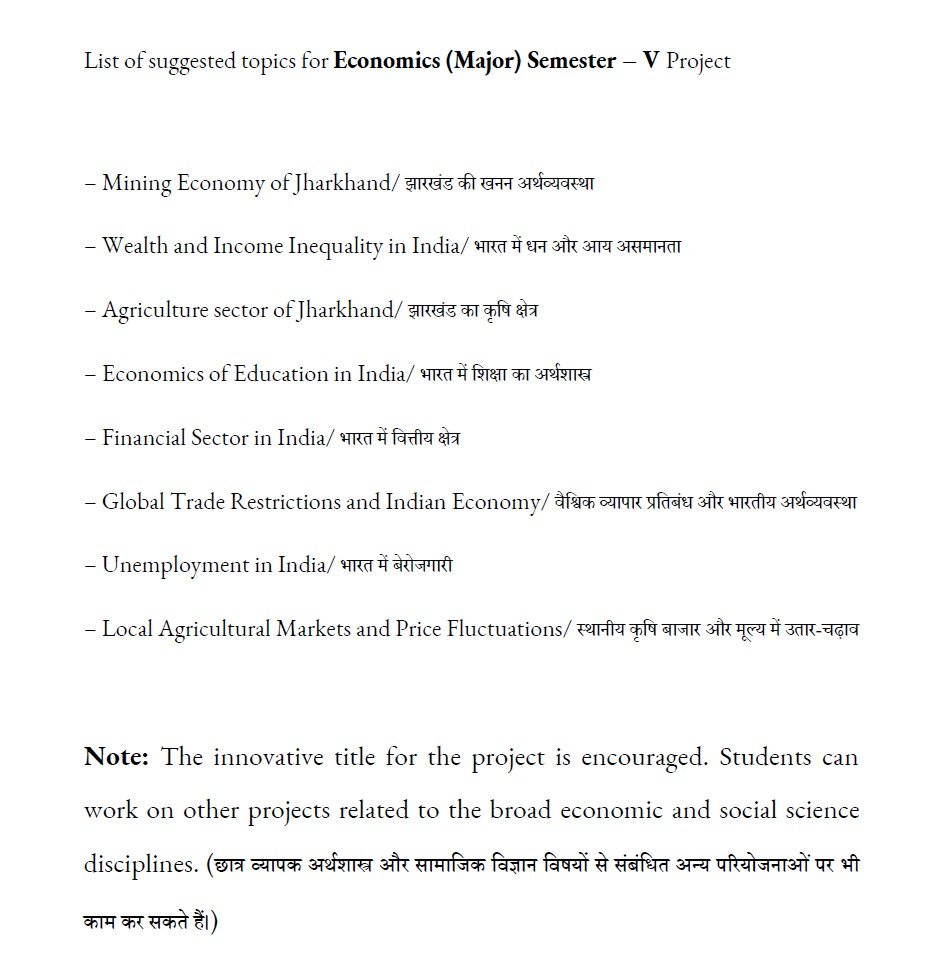 Topic of Project Work for UG Sem-V (2022-26) Economics