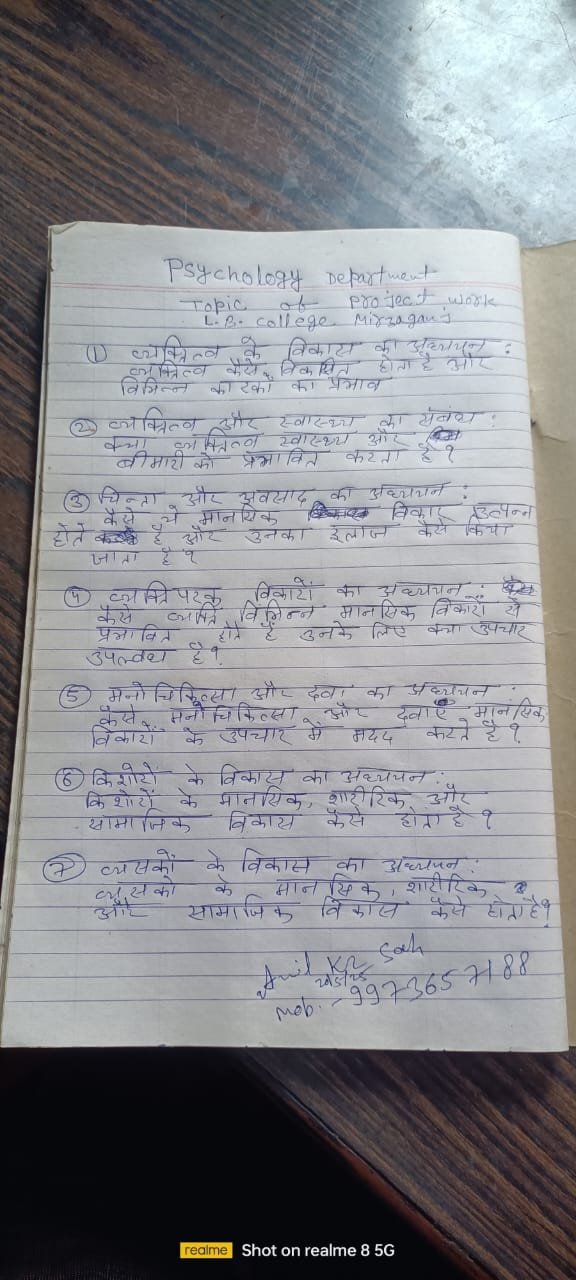 Topic of Project Work for UG Sem-V (2022-26) Psychology