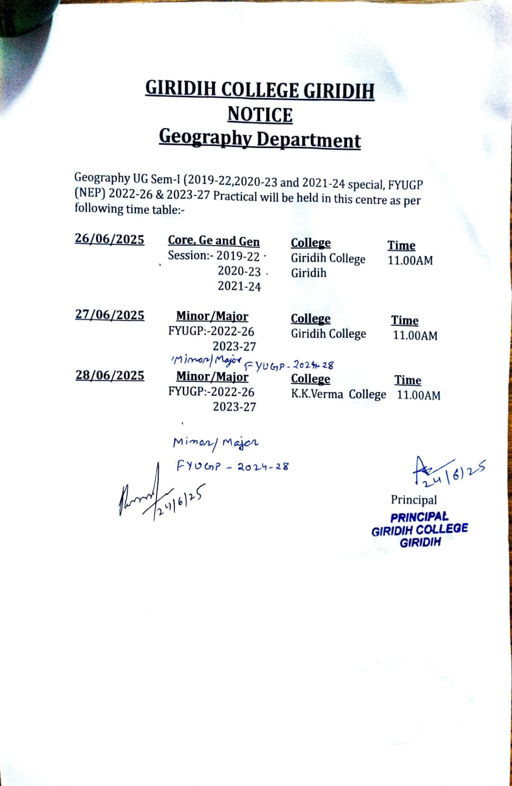 Programme for UG Sem-I Geography Practical Notice