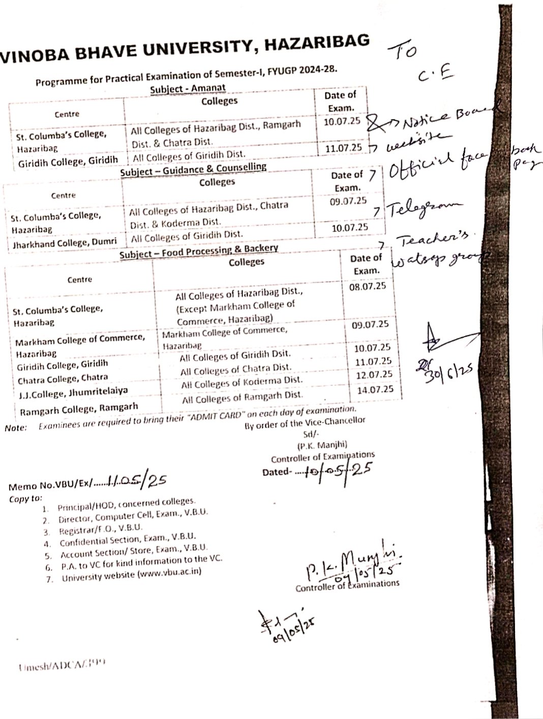 Programme for Practical Examination of Semester-I, FYUGP 2024-28