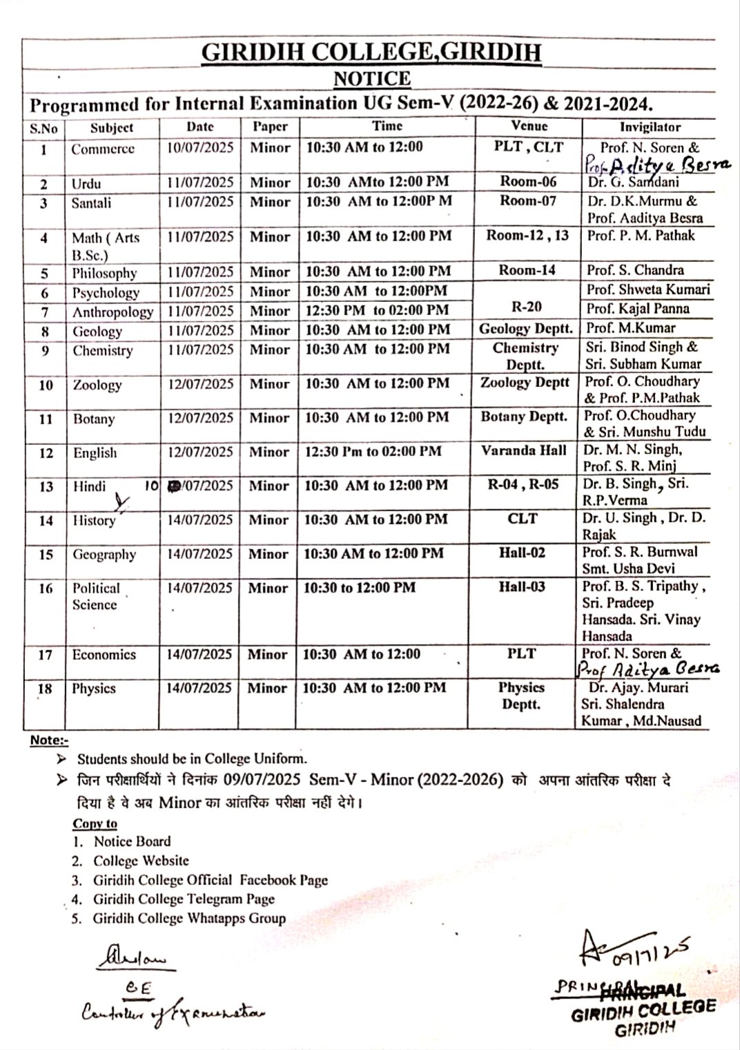 Programme for UG Sem-V (2022-26) & (2021-24)Internal Examination