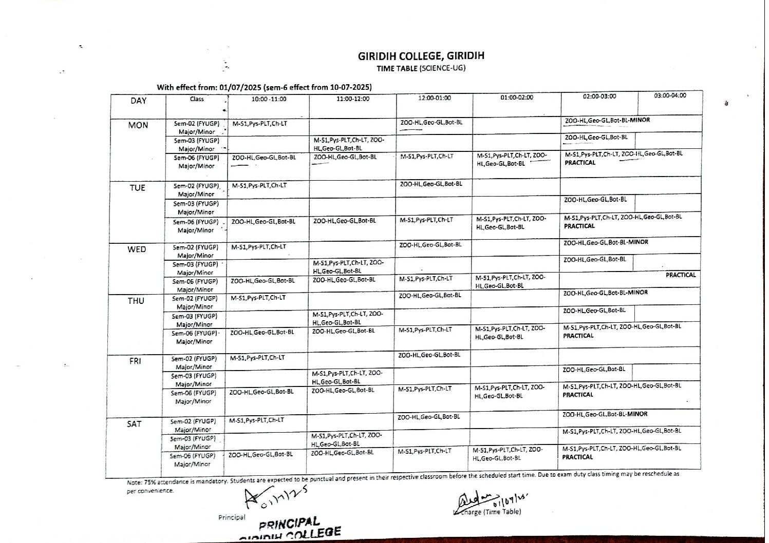 Routine for UG Arts & Science