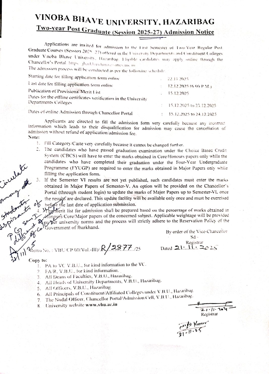 Admission Notice for PG (2025-27)