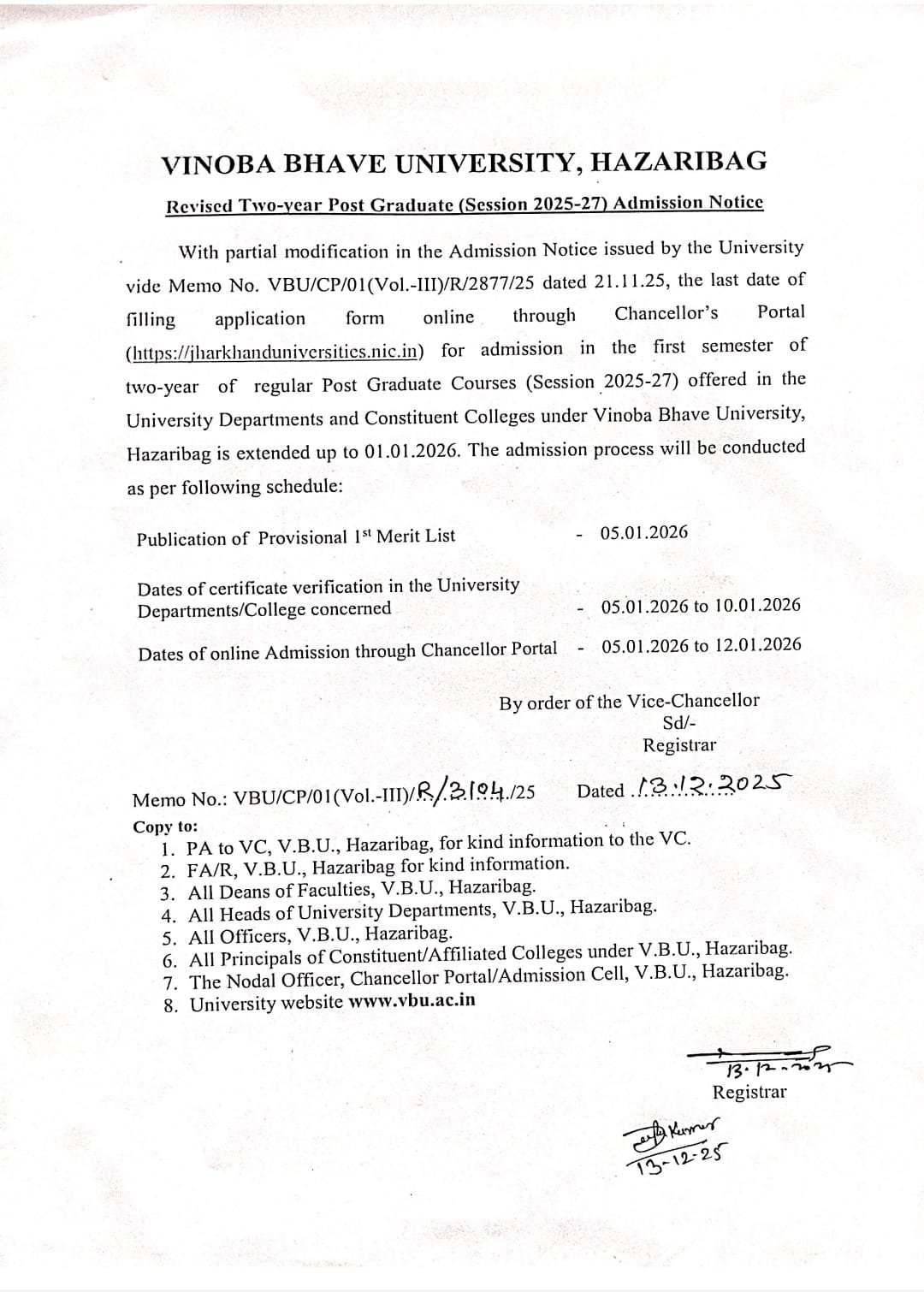 Revised Two-year Post Graduate (2025-27) Admission Notice