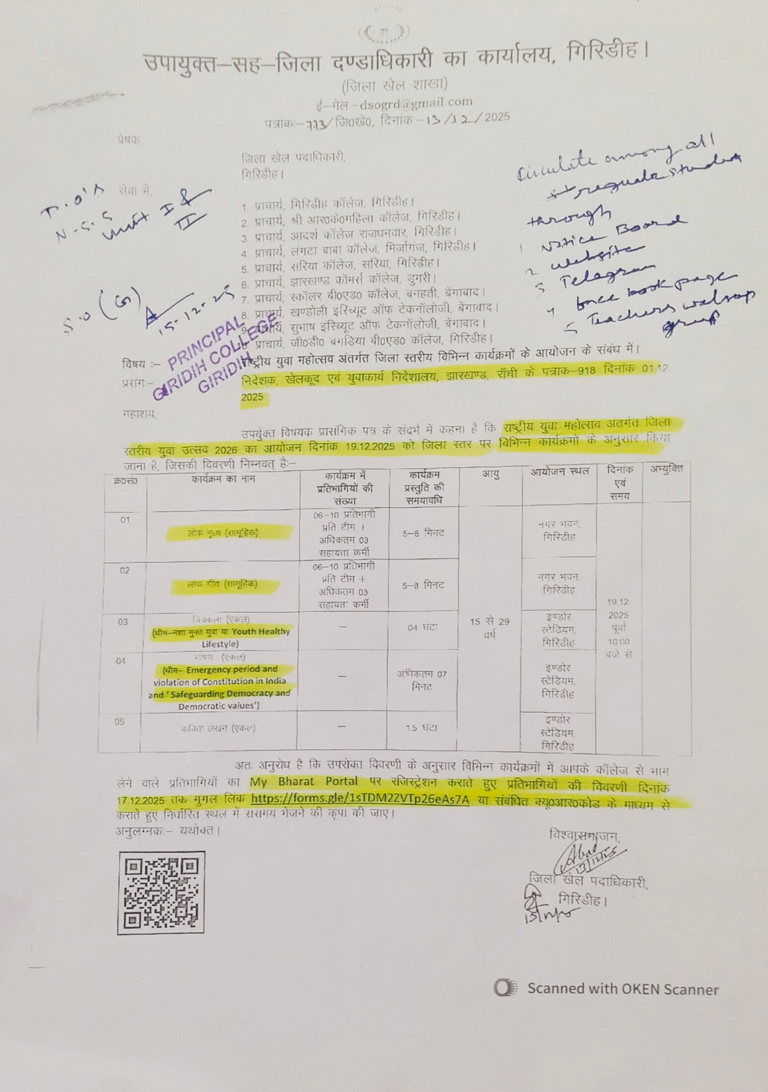 राष्ट्रीय युवा महोत्सव अंतर्गत जिला स्तरीय युवा उत्सव 2026 में भागीदारी हेतु