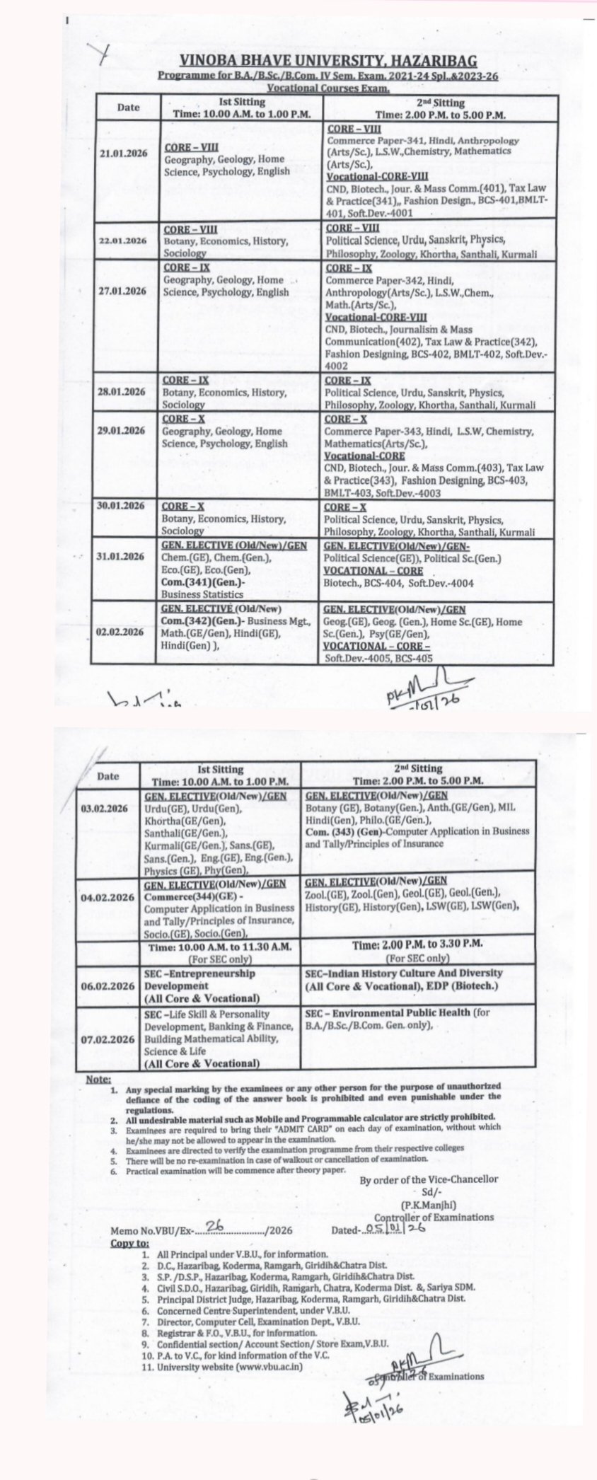 Programme for B.A/B.Sc./B.Com. Sem.-IV Exam. (2021-24) Spl. & 2023-26 Vocational Courses Exam