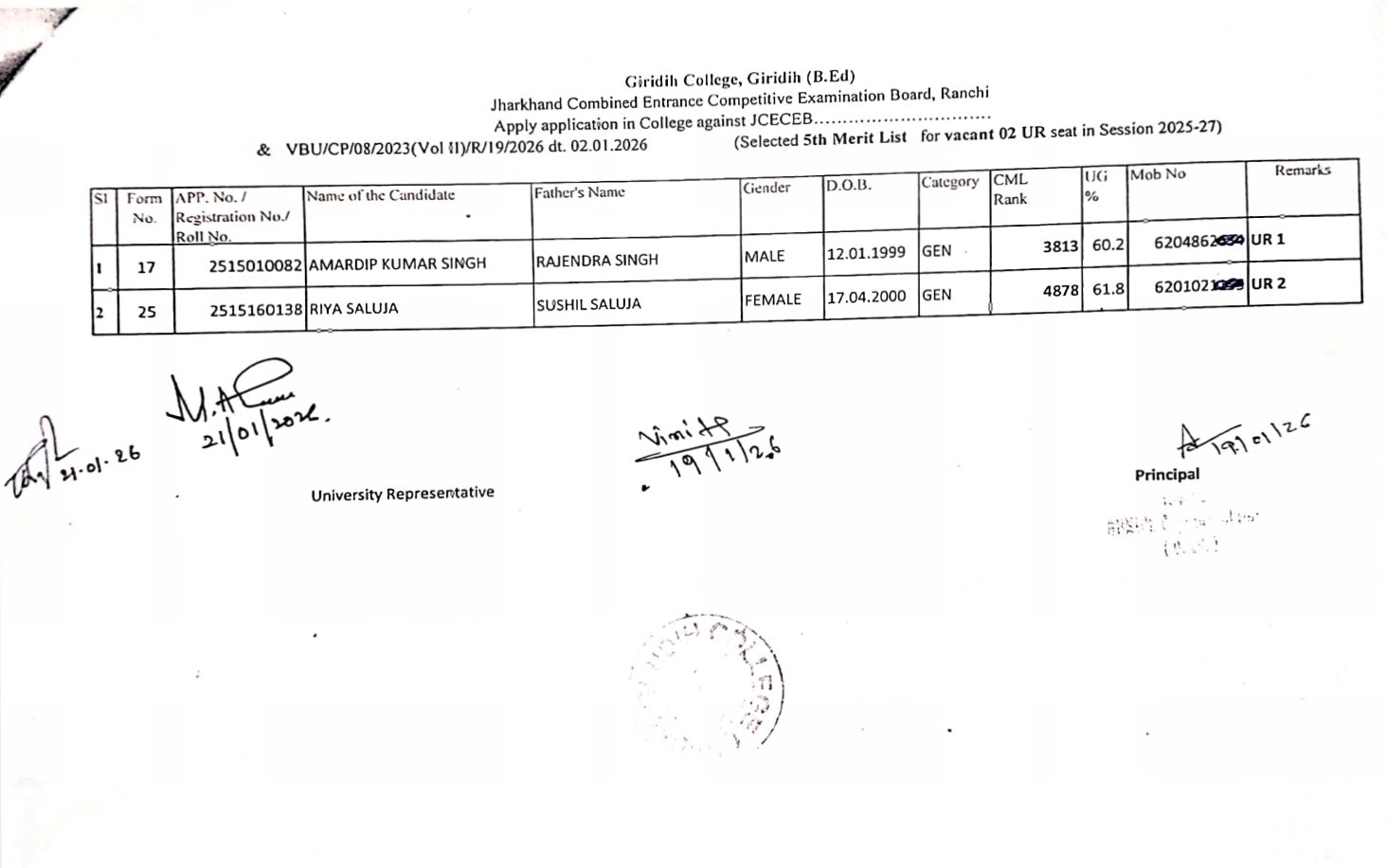 B.Ed. Selected 5th Merit List for vacant 02 UR seat in Session (2025-27)