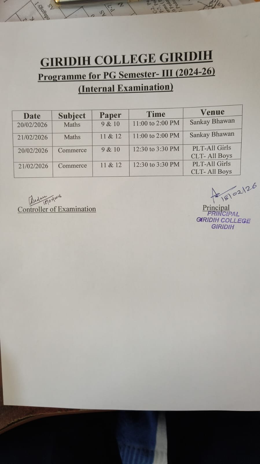 Programme for PG Semester- III (2024-26) (Internal Examination)