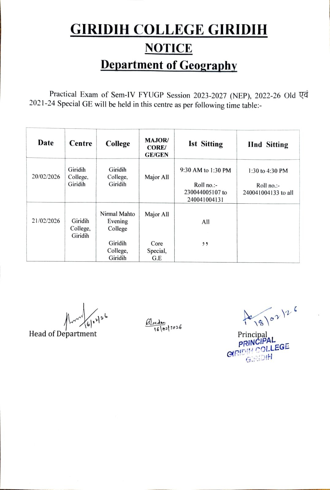 Practical Exam of Sem-IV FYUGP Session 2023-2027 (NEP), 2022-26 Old एवं 2021-24 Special GE will be held in this centre as per following time table:-