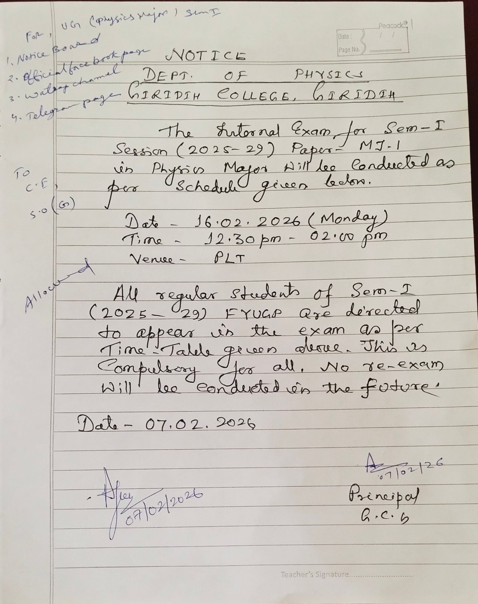 Programme for Internal Examination FYUGP Sem-I (2025-29) Physics