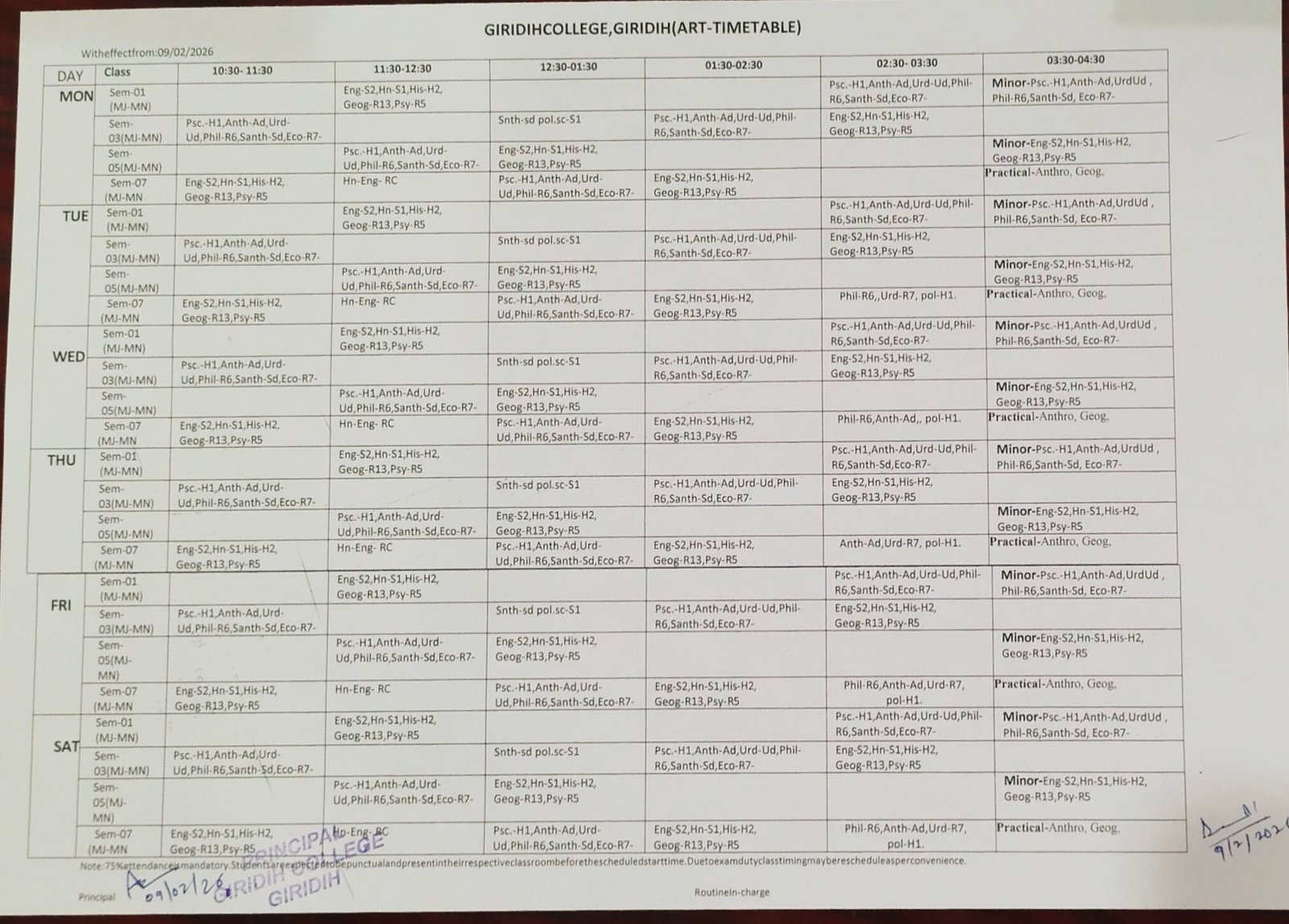 Giridih College Giridih (ART Time Table)