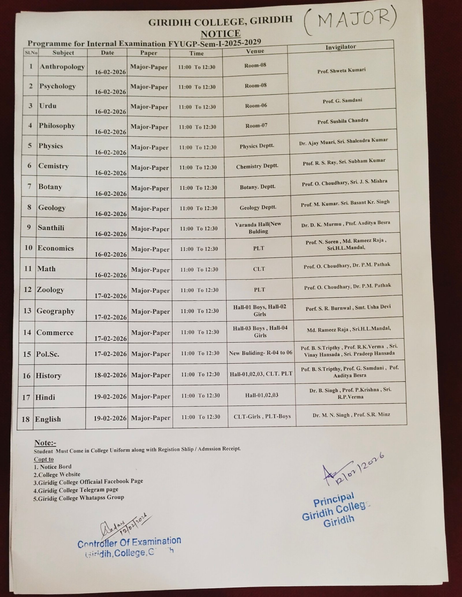 Programme for Internal Examination FYUGP-Sem-1-2025-2029 (Major)