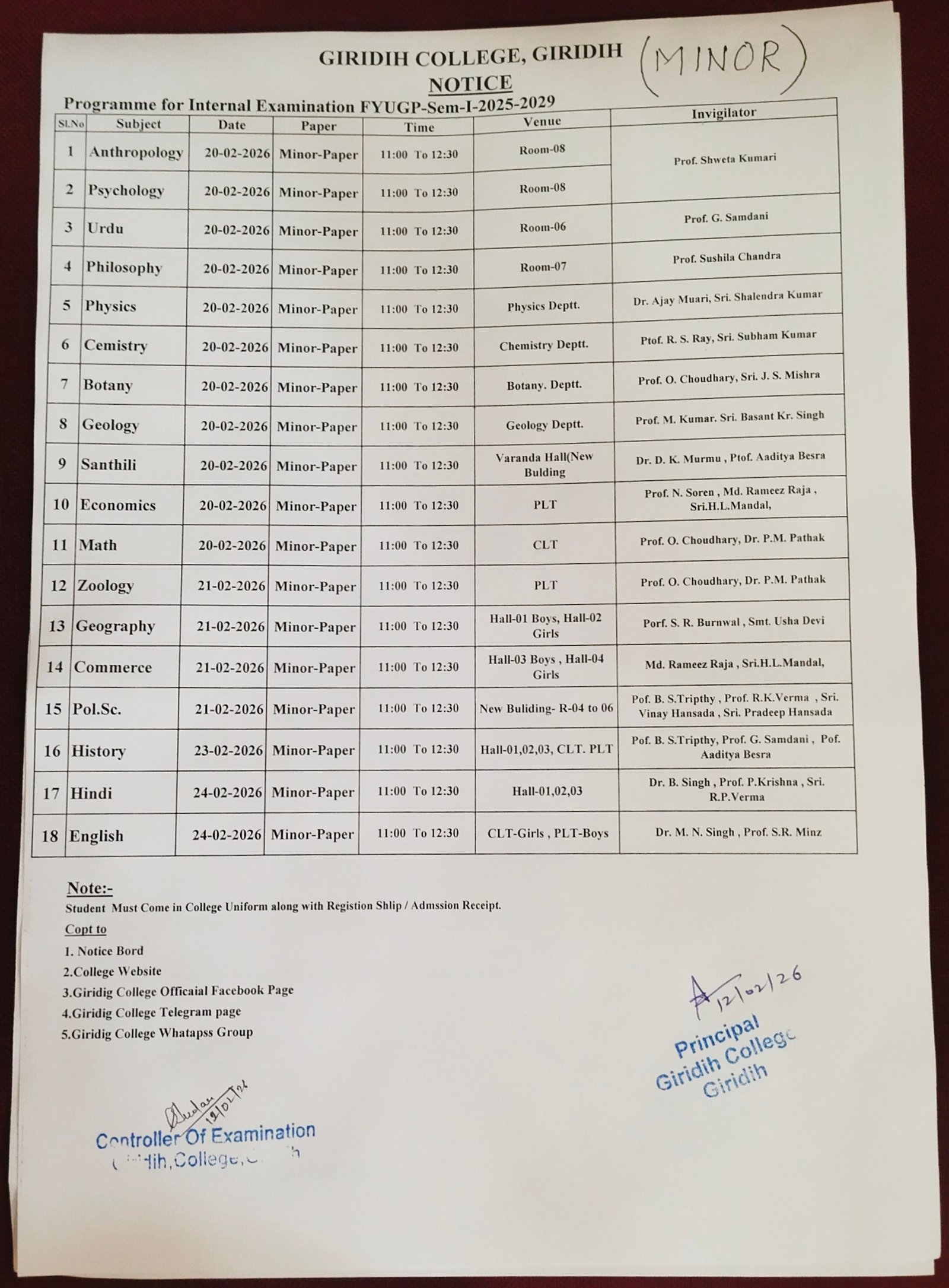 Programme for Internal Examination FYUGP-Sem-1-2025-2029 (MINOR OR ASSOCIATED CORE COURSE)