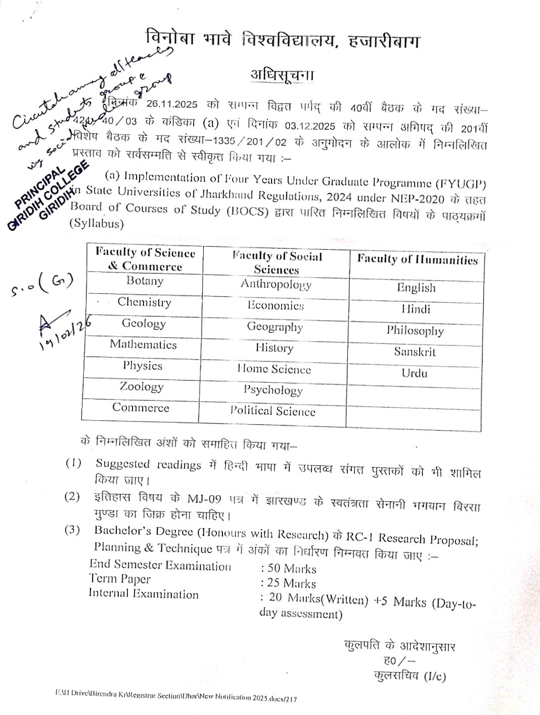 Implementation of Syallabus Under NEP 2020 FYUGP Bachelor’s Degree (Honours with Research)