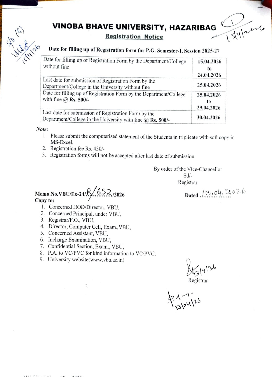 Date for filling up of Registration form for P.G. Semester-I, Session 2025-27