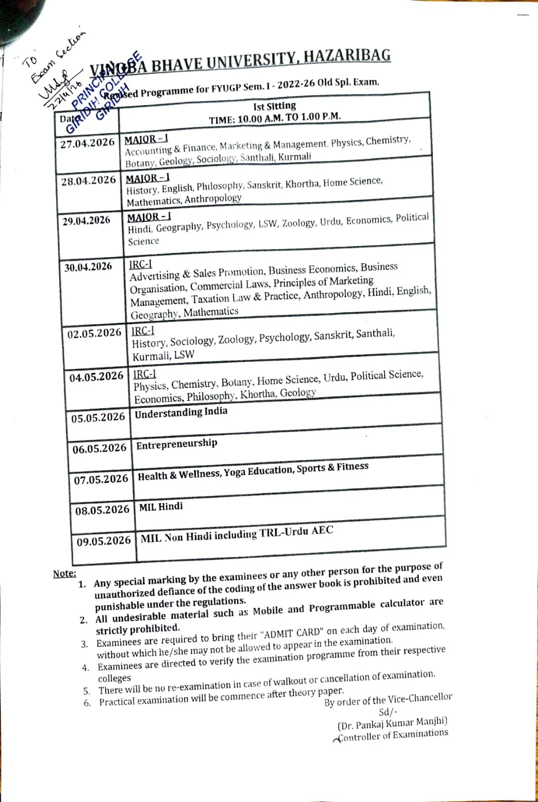 Revised Programme for FYUGP Sem-I -2022-26 Old Spl Exam