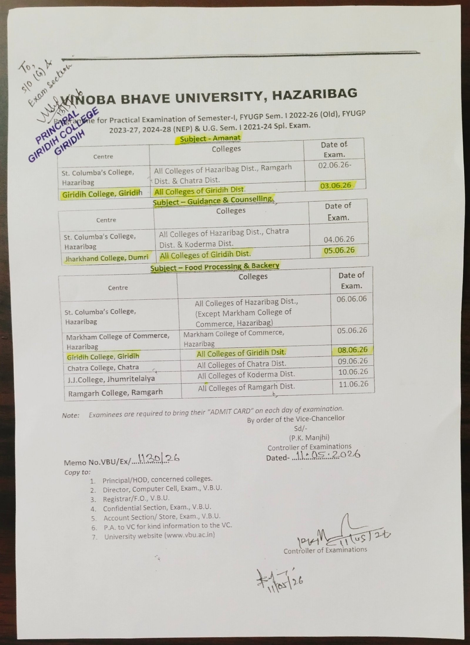 Programme for Practical Examination of FYUGP Sem-I and Old Sessions