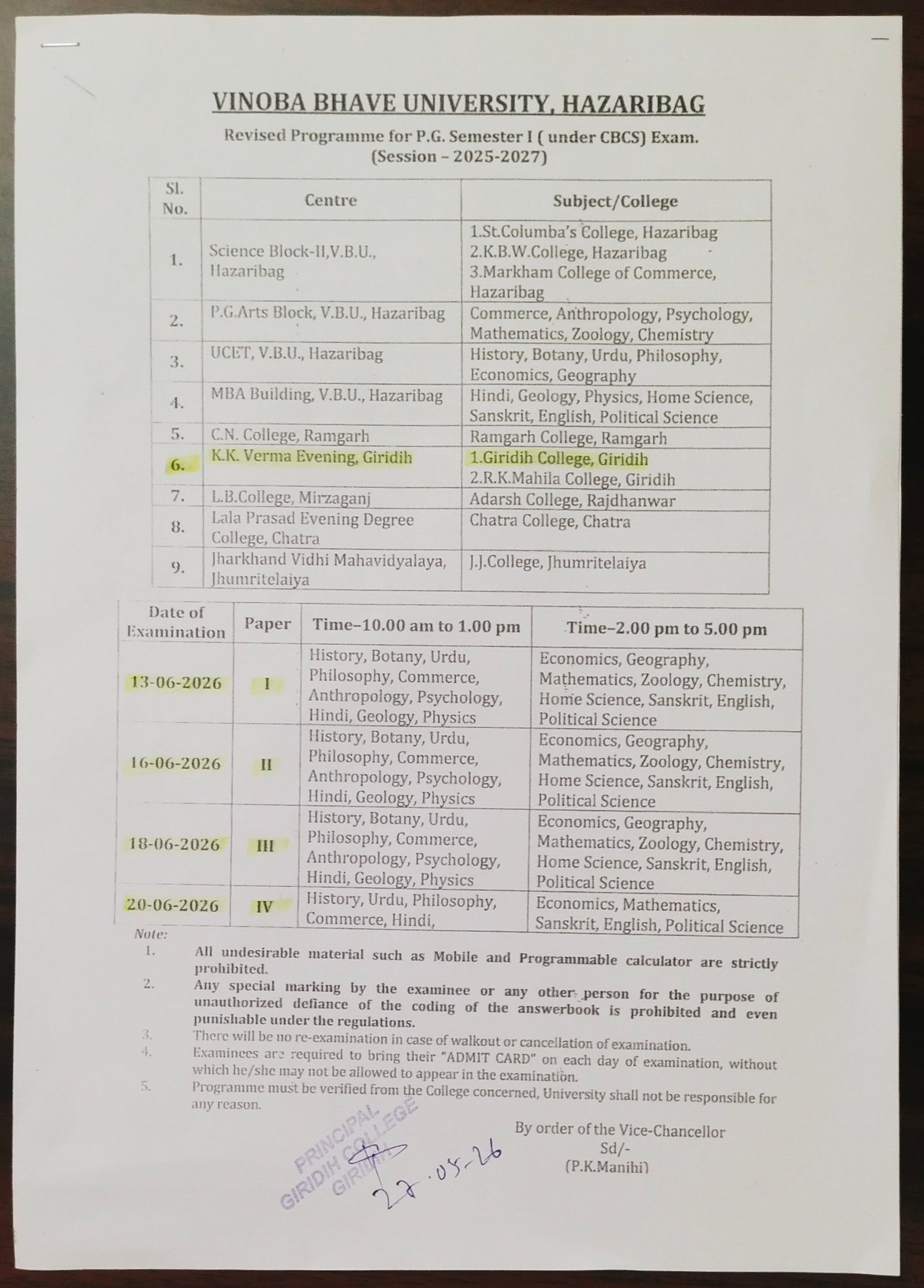 Revised Programme for PG Sem-I (2025-27)  Exam