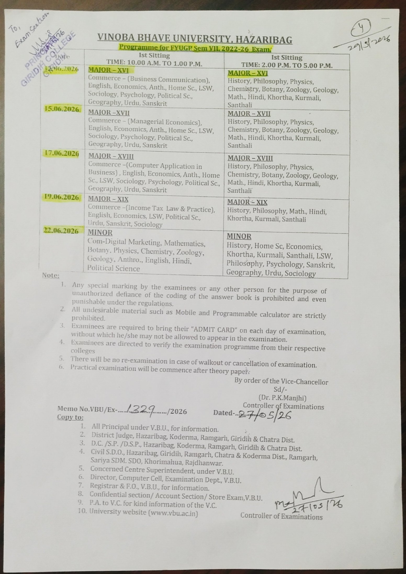 Programme for FYUGP Sem-VII (2022-26) Exam
