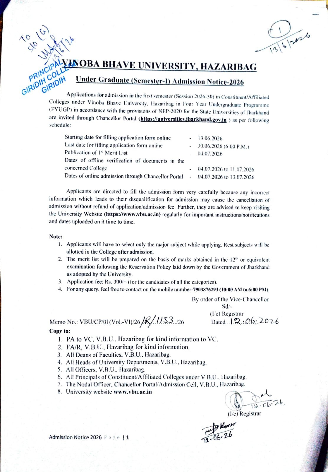 FYUGP Sem-I (2026-30) Admission Notice