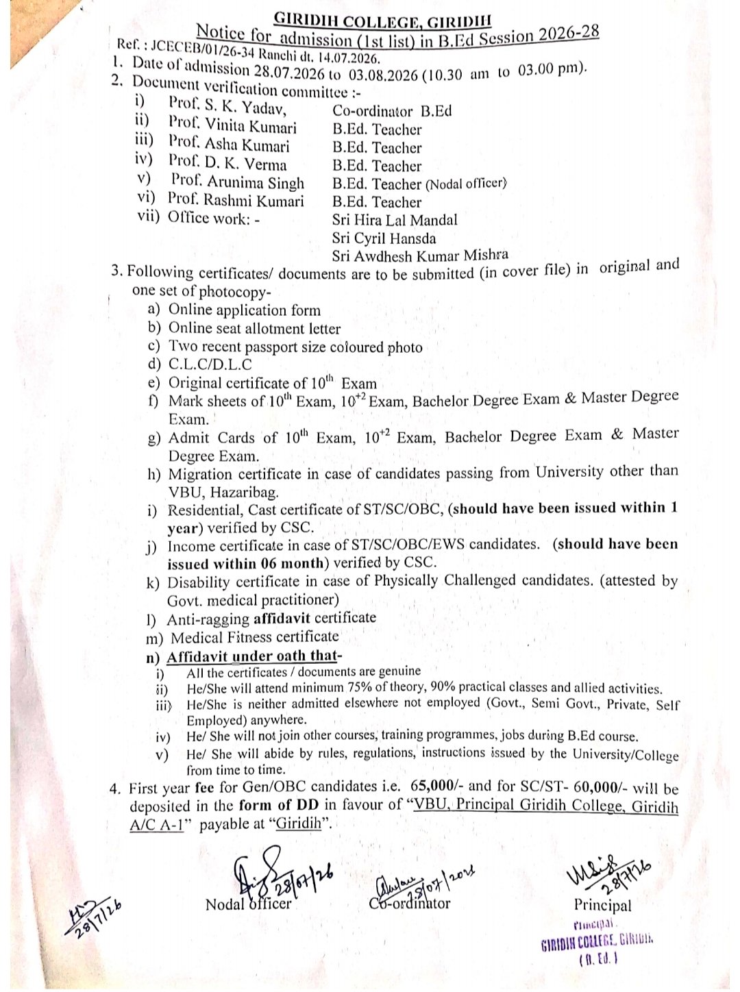 Notice for Admission B.Ed. Sem-I (2026-28)