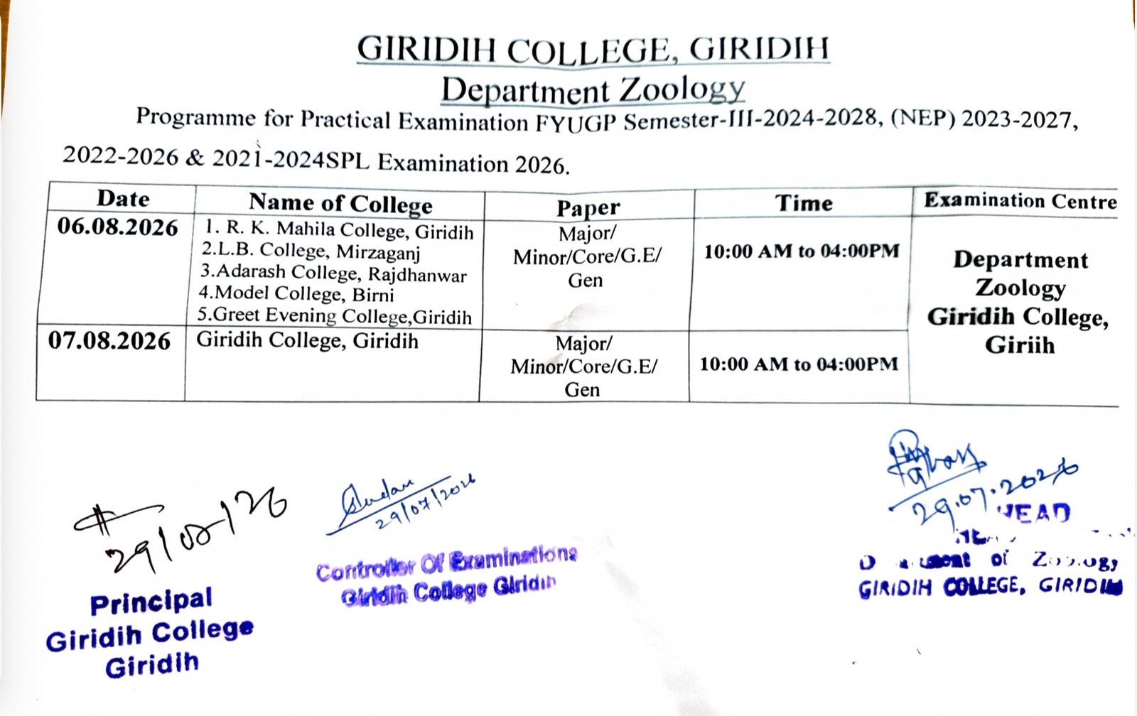 Programme for Practical Examination FYUGP Semester-III-2024-2028, (NEP) 2023-2027,2022-2026 & 2021-2024SPL Examination 2026.