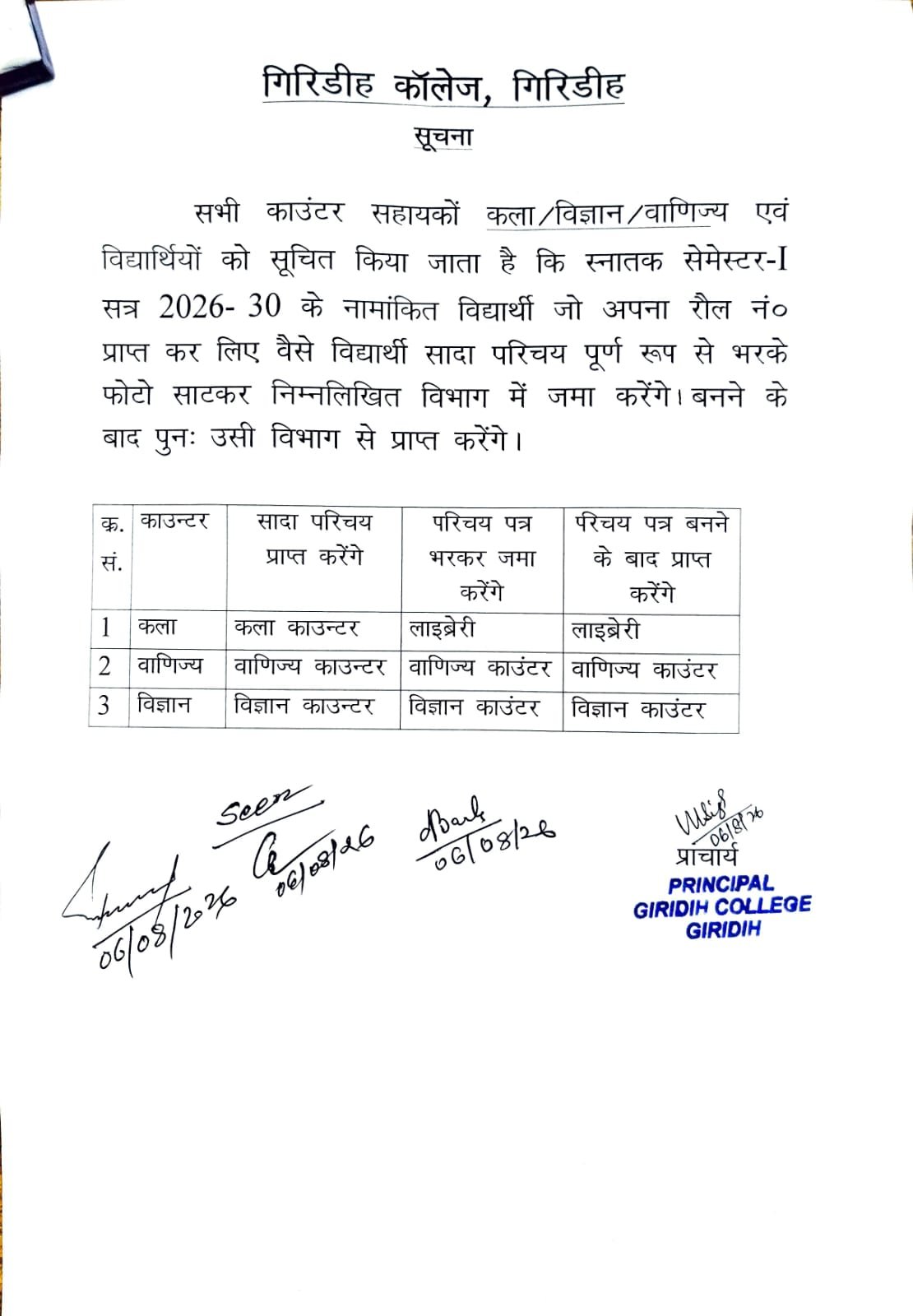 FYUGP Sem-I (2026-30) Students Identify Cards Regarding Notice