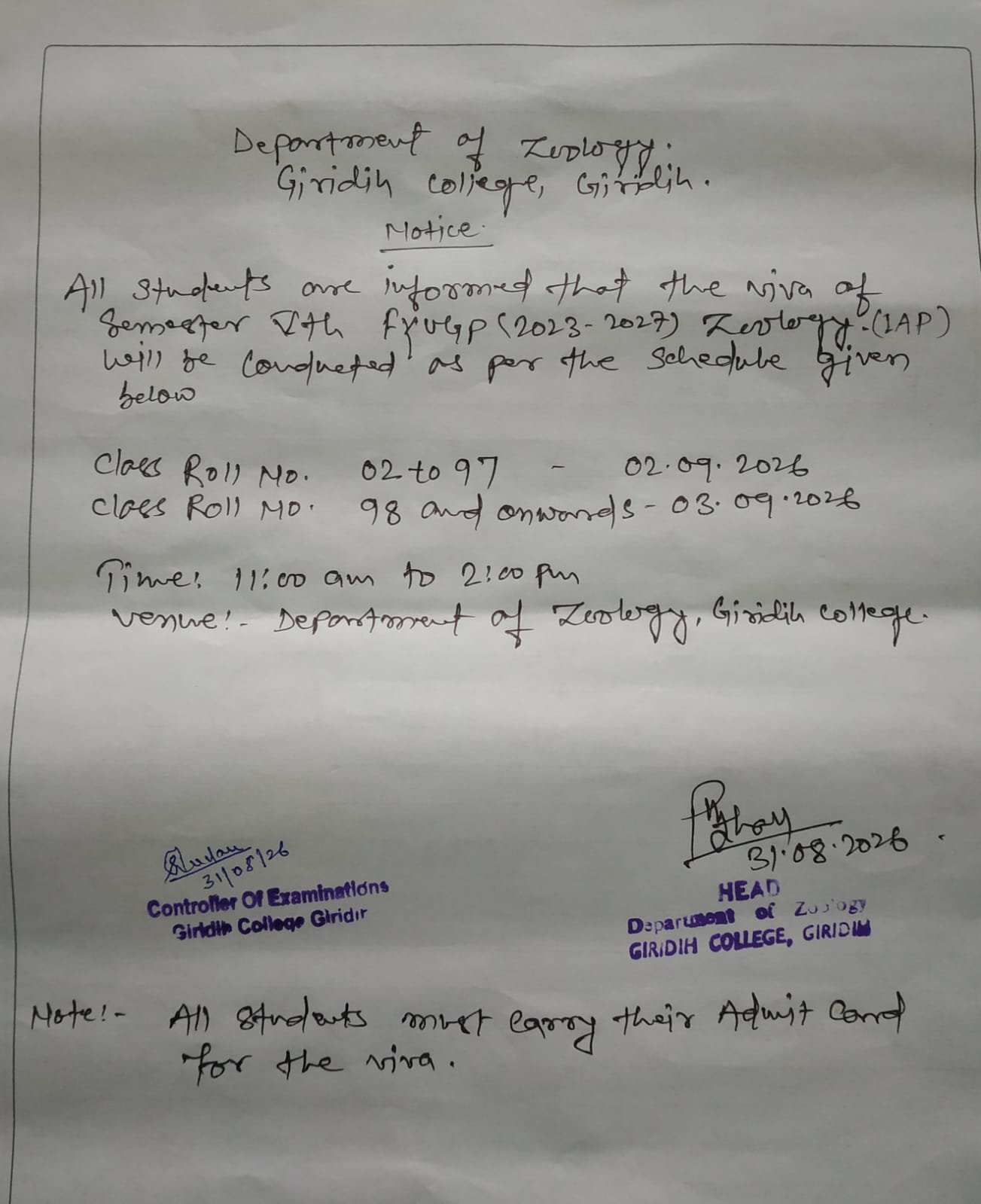 Department of Zoology Notice