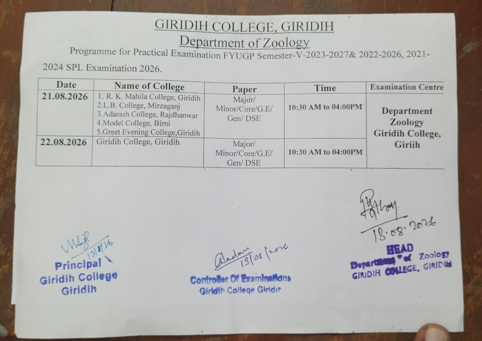 Programme for Practical Examination FYUGP Semester-V-2023-2027& 2022-2026, 2021-2024 SPL Examination 2026