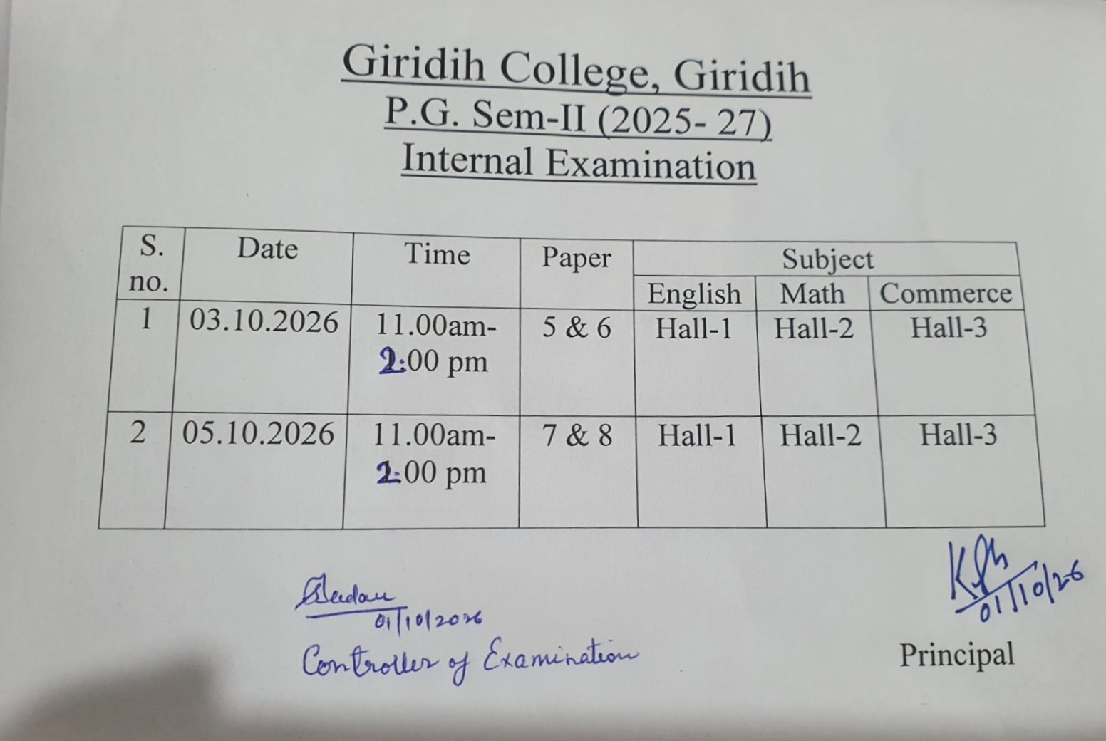 PG Sem-II (2025-27) Internal Examination Notice