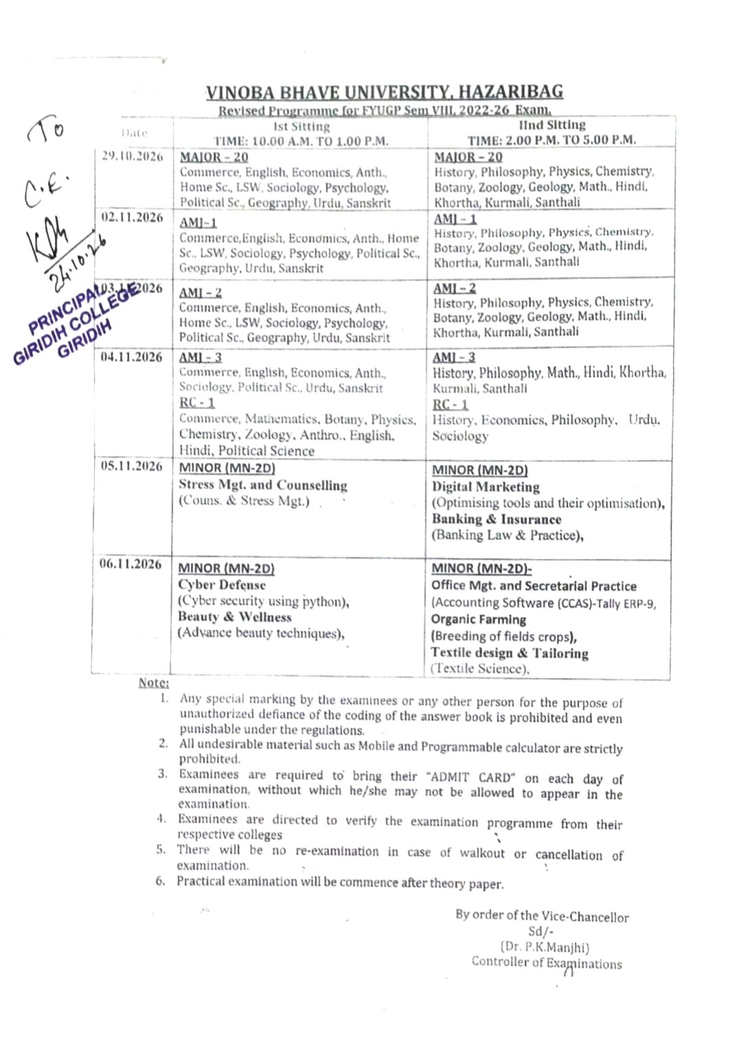 Revised Programme for FYUGP Sem VIII, 2022-26 Exam.